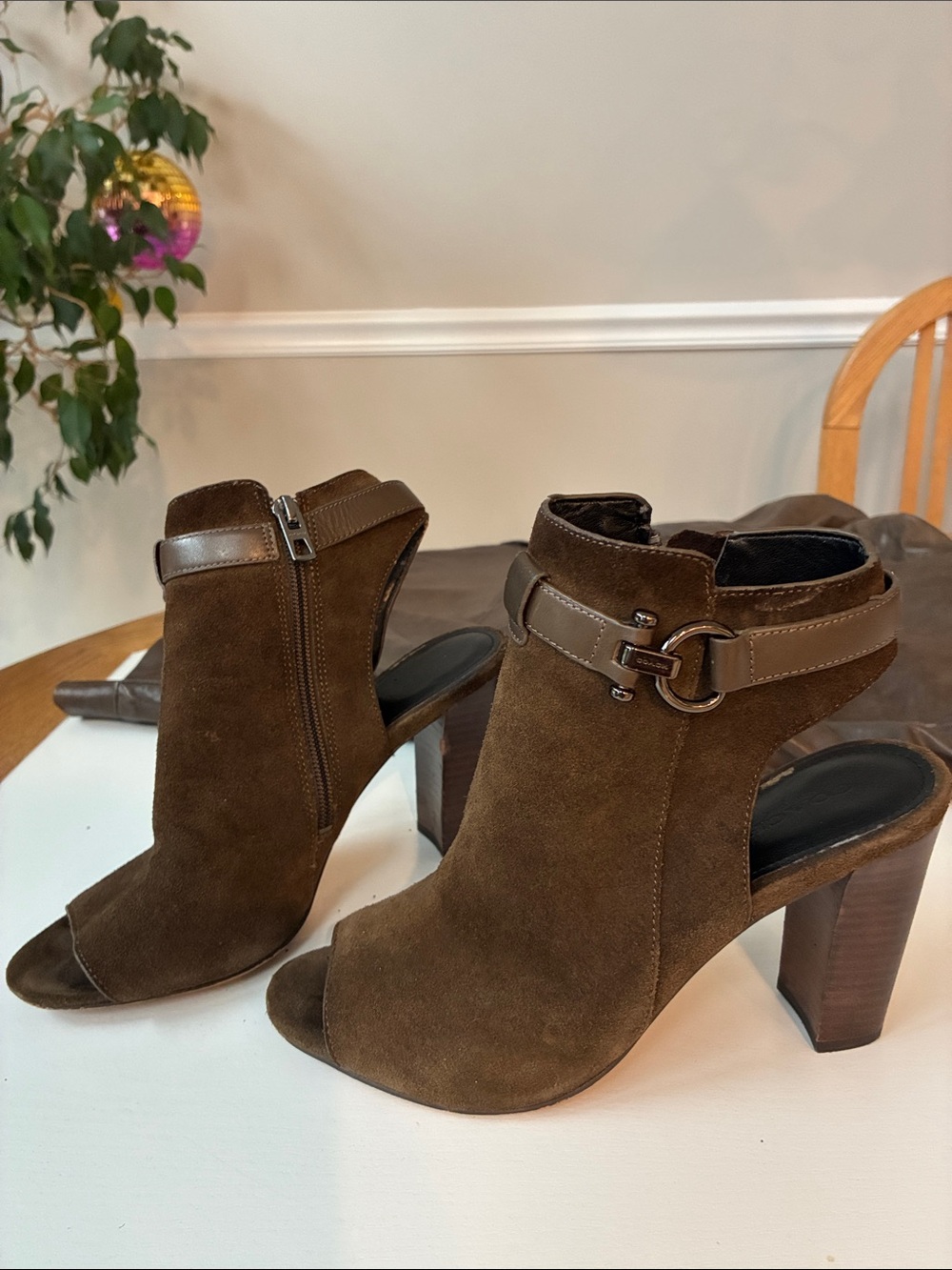 Coach Brown Suede Open-Toe Ankle Heeled Booties with Buckle Accent